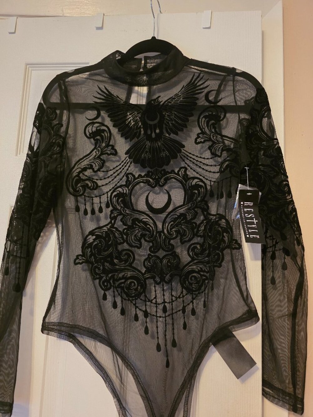 Restyle Flocked Crow Mesh Bodysuit